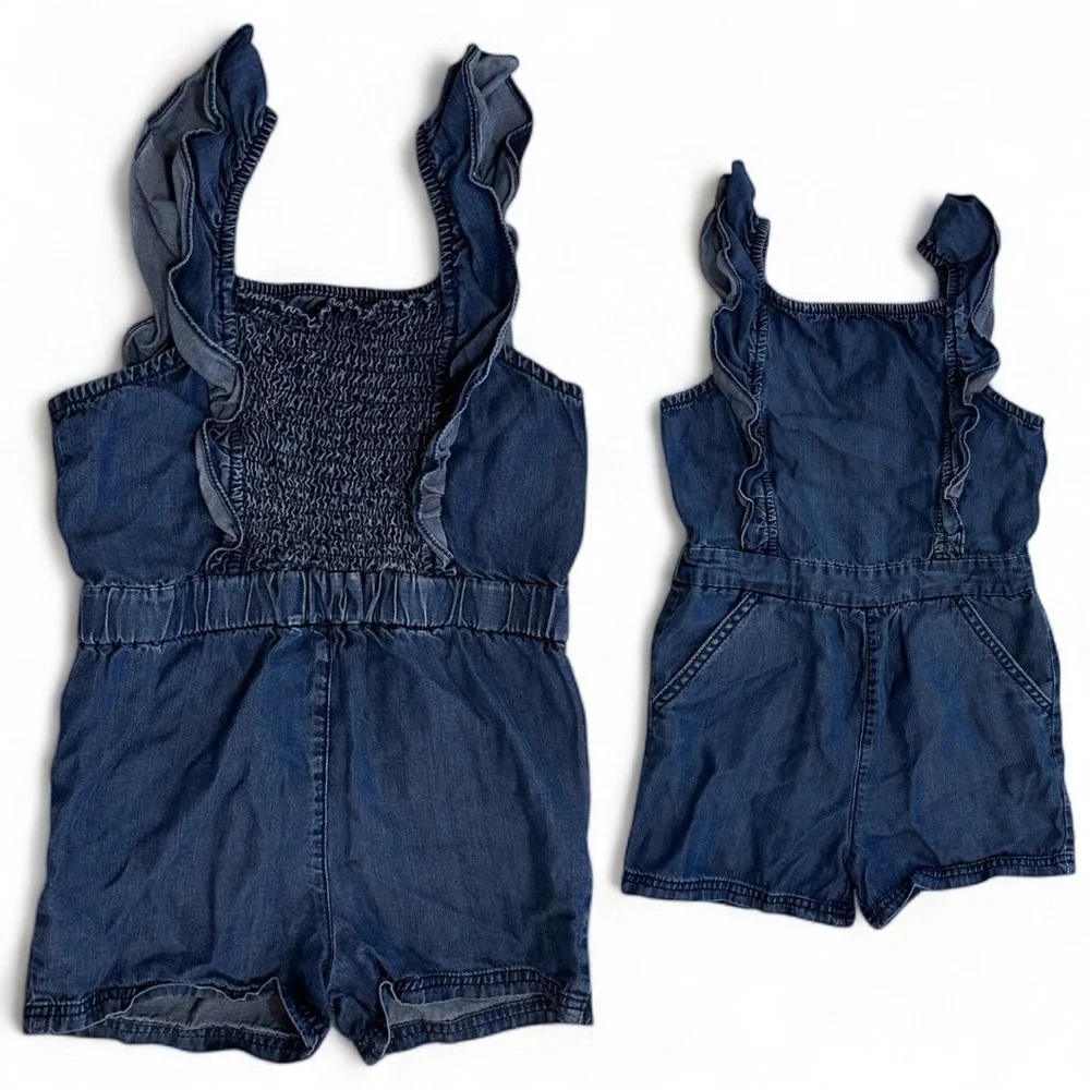 Vintage OshKosh B'gosh Toddler Girl Blue Denim Sleeveless Ruffle Smocked Romper